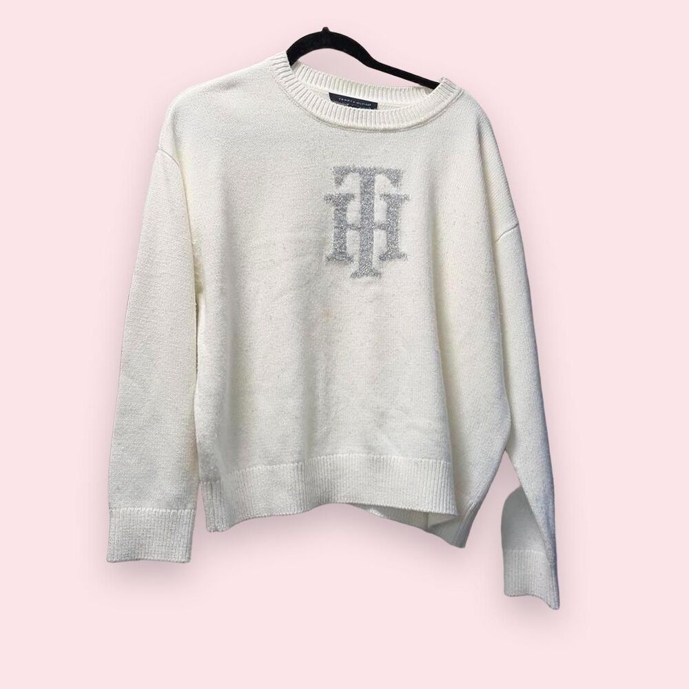 Tommy Hilfiger Cream Rhinestone TH Logo Knit Sweater Size L